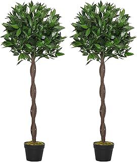 Outsunny Artificial Bay Laurel Topiary Trees w/Pot Fake, Set Of 2 90cm/3FT Indoor Outdoor Greenery Plant Home Office Garden Decor Green