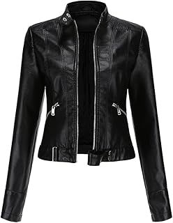 Women Classic Faux Leather PU Moto Biker Jacket Short Slim Fit Casual Zip Up Coat