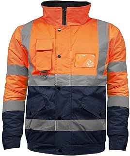 Hi Vis High Visibility Safety Security Reflective Protective Waterproof, Windproof Padded Workwear Bomber Jacket Coat With Concealed Hood Available In Orange, Yellow, Black and Contrast.