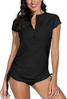 Women's UPF 50+ UV Rash Guard Surf Shirt Short Sleeve 1/4 Zip Swimming Costume S-XXL