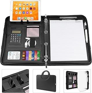 Leather Zipper Conference Folder A4 Magnetic Handle with Phone Stand, Travel Document Folder Portfolios, Business Ring Binder, Calculator, Padfolio Clipboard for Interview