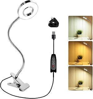 7W USB Clip On Reading Light with UK Adapter, 3 Colour Changing & 10 Brightness, Clamp Bedside Lamp, LED Nail Ring Lamp Clip on Desk, Flexible Beauty Lamp for Eyelash Extensions, Silver