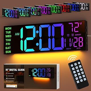 GOLOZA 16" Large Digital Wall Clock for Bedroom, Led Clock with Remote Control, Dual Alarms, 10 Brightness Dimmer, 8 Colors, 5 Volume, Auto DST, ℃/℉, Timer, Alarm Clocks Bedside for Heavy Sleepers