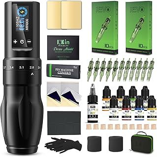 INKin Tattoo Gun Kit, Soultats Wireless Machine Pen with 2.0mm - 4.0mm Adjustable Stroke Length and 1600mAh Power Supply, Complete Set with Mixed Revo Cartridges Needles and 8Pcs Tattoo Ink