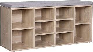 VASAGLE Shoe Bench, Shoe Rack, Storage Unit, 10 Compartments, with Cushion, for Entrance, 104 x 30 x 48 cm, Oak LHS10NL