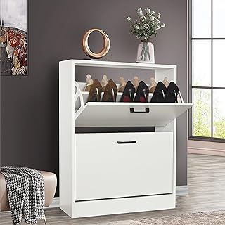 2 Drawer Shoe Storage Cabinet Pull Down Shoe Cabinet 2 Tier Shoes Rack Wooden Furniture Cupboard Shoe Storage Organiser for Hallway Entryway, Living Rooms, Black, 60W x 24D x 80H cm