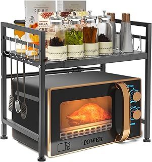 Microwave Shelf Stand Expandable 2 Tier Kitchen Counter Organizer Shelf with 10 Stainless Steel Hooks Carbon Steel Microwave Oven Rack Adjustable Height, Width for Toaster, Air Fryer (Black 1)