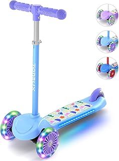 TONBUX Kids Scooter 3 Wheel Scooter for Ages 2-6 with Light-Up Wheels, Adjustable Handlebar, Tilt to Turn Steering, Up to 50KG