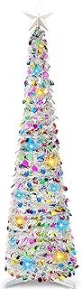 5 Ft Pop up Pencil Christmas Tree Tinsel with Lightsand Star, Collapsible Christmas Decorations with Timer for Holiday Indoor Home Office Decor