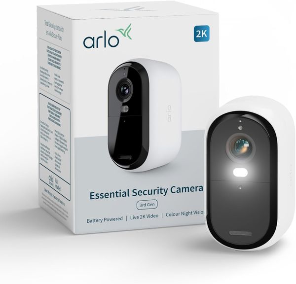 Arlo Essential 3 2K Video Security Camera Outdoor Wireless, Battery Operated Home Camera With Colour Night Vision, Spotlight, 2 Way Audio & WiFi, Secure Free Trial Included, 1 Camera, White