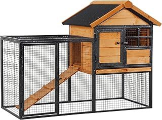 PawHut Rabbit Hutch Guinea Pig Hutch Wood-metal Elevated Guinea Pig House Pet Bunny Cage for Outdoor 122 x 63 x 92cm Light Yellow
