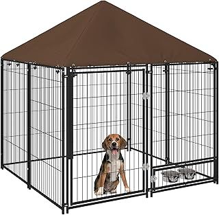 PawHut Outdoor Dog Kennel Puppy Play Pen with Canopy Garden Playpen Fence Crate Enclosure Cage Rotating Bowl 141 x 141 x 151 cm
