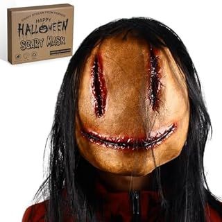 Scary Halloween Mask for Adults, Realistic Horror Mask with Hair, Creepy Halloween Mask for Theme Party Cosplay