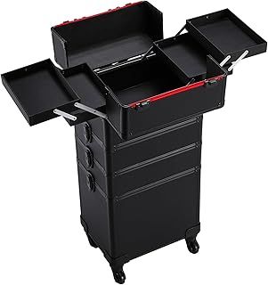Yaheetech Professional Large 4-in-1 Makeup Vanity Case Beauty Cosmetics Organiser Rolling Case Hairdressing Trolley with Key Locks, 4 Tiers, All Black