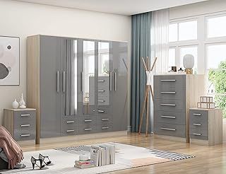 Gloss GREY Large Wardrobe - 5 Door 6 Drawers & Mirrors + Chest Of Drawers + 2 x Bedsides