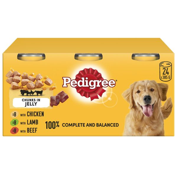 Pedigree Adult Wet Dog Food Tins Mixed Selection in Jelly 24 x 385g – Chicken, Lamb & Beef, for Healthy Skin, Coat, and Immune Support