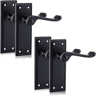 XFORT Black Beauty Range Matt Black Hanoverian Lever Latch Handles, Georgian Style Backplate Door Handles, Contemporary Door Handle Set for Internal Wooden Doors (2 Pairs)