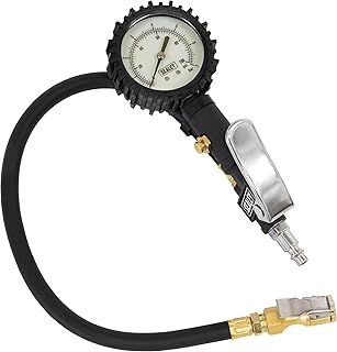 Sealey Compact Tyre Inflator with Pressure Guage and Clip-On Connector, 1/4” Inlet, Dial Type Gauge, Bar/Psi – SA399