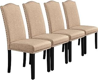 Yaheetech Dining Chairs Set of 4 Upholstered Fabric Kitchen Chairs with High Back and Solid Wood Legs for Dining Room and Kitchen, Khaki