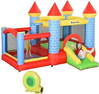 Outsunny Kids Bouncy Castle House Inflatable Trampoline Slide Water Pool Basket 4 in 1 with Blower Basketball Hoop for Kids Age 3-8 Castle Design 2.8 x 2.6 x 2.1m
