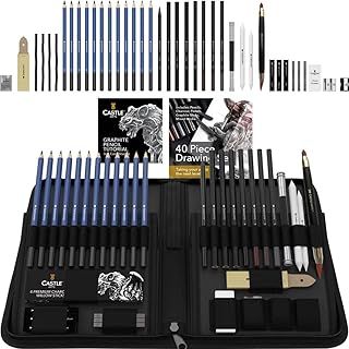 Castle Art Supplies 40 Piece Sketching and Drawing Set for Adults Artists | Presented in Sturdy Zipper Case with pop-up feature | Quality range of sketch pencils and more