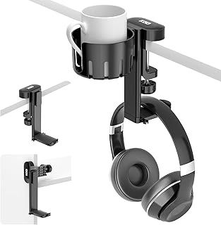 2 in 1 Desk Cup Holder with Headphone Hanger Hook, Cup Holder for Desk - Under Desk Clamp Rotatable Headset Holder - Gaming Desk Gadgets Suitable for Coffee Mups, Water Cups, Headphone (Black)