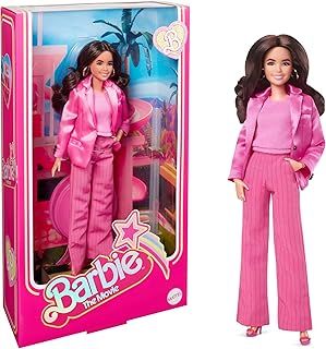 Barbie The Movie Doll, Gloria Collectible Wearing Three-Piece Pink Power Pantsuit with Strappy Heels and Golden Earrings​​​, HPJ98