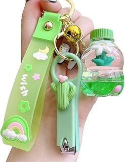 Acrylic Oil Floating Flower Keychain Bottle Cactus Nail Clipper Combination Keychain Fashion Creative Backpack Pendant Couple Key Ring Suitable for Key Loss Prevention, Green, E