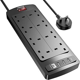 Extension Lead with 4 USB Slots (3.4A, 1 Type C and 3 USB-A Ports),POWSAF Power Strip Surge Protector with 8 way plug extension Socket and 2M Extension cord for Home Office Travel,Black