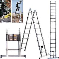 Telescopic Folding Ladder 2.5M+2.5M Multi Purpose Collapsible Concertina Loft Ladders, Stainless Steel A-Frame Ladder Heavy Duty Sturdy Straight Ladders, Maximum Height 16.4FT/ 5M