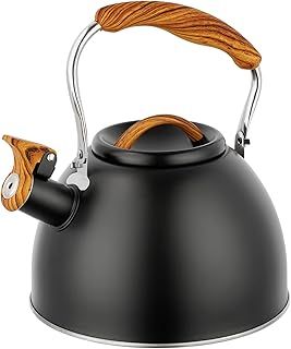 Stove Top Kettle, 3L Whistling Kettle, Stainless Steel Kitchen Teapot with Wood Handle, Whistling Tea Kettle for Gas Hob, Stovetop Kettle with Tall Whistle for Induction and Electric Hobs