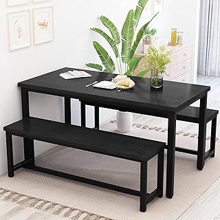 HOOSENG Dining Table with Bench Set 4,Faux Wooden Kitchen Set, Kitchen and Dining Room, Breakfast Table of 110 x 60 x 72cm, Benches of 98 x 30 x 43cm, Black