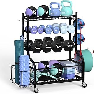 ZACHVO Dumbbell Rack - Home Gym Storage Weight Rack 360° Wheels, Equipment Storage Space-Saving Fitness Organiser for Kettlebells Yoga Blocks, 8 Hooks