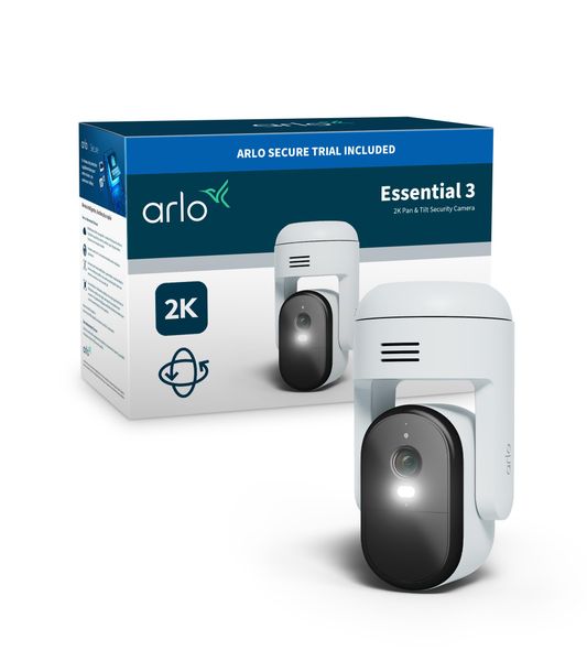 Arlo Essential 3 Pan-Tilt-Zoom Security Camera Outdoor, 2K VIdeo, 360º Wired Home Camera With Colour Night Vision, Spotlight, Smart Siren, 2 Way Audio, Secure Trial Included, 1 Camera, White