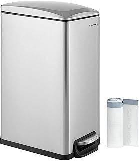 SONGMICS Kitchen Bin 48L, Slim Pedal Bin for Narrow Spaces, Rubbish and Waste Bin with Soft-Close Lid and Inner Bucket, Stainless Steel, 15 Rubbish Bags Included, Silver LTB510E48