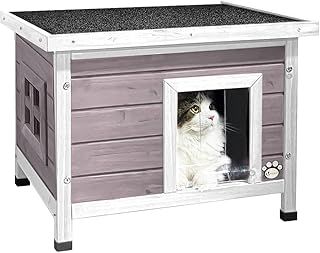 VOUNOT Cat House Outdoor with Kennel Door Privacy Window Cat Wooden Shelter 57x45x43cm, Grey