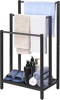 3 Tier Freestanding Towel Rack, Towel Rail Metal Ladder Towel Holder Drying Stand with 3 Towel Rails and Storage Shelf, Bathroom Accessories Organizer for Bath Storage & Hand Towels, Washcloths, Black