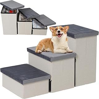 Foldable Dog Stairs with Storage, Pet Steps for Small Dogs Cats Pet Non-Slip Safety Ladder for Bed, Sofa
