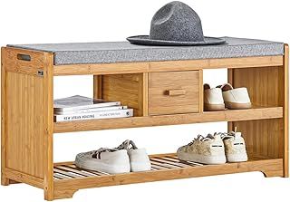 SoBuy® FSR75-N, Bamboo 2 Tiers Shoe Rack Shoe Bench with Seat Cushion, Hallway Shoe Storage Bench Organizer with Drawer