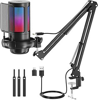 USB Gaming Microphone Kit for PC, RGB Condenser Microphone Podcast Mic with Monitoring Jack, Quick Mute, Gain Control, Boom Arm Stand for Recording Twitch Mac PS4/5 (Black)
