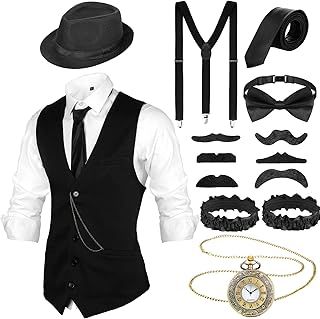 Blulu 1920s Mens Costume 20s Halloween Cosplay Accessories Outfit with Gangster Vest Fedora Hat Pocket Watch Suspenders
