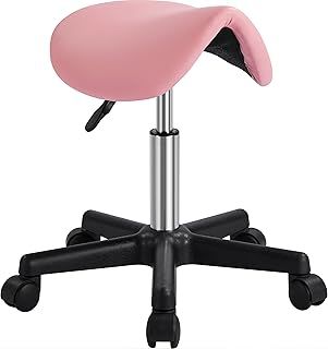 Yaheetech Saddle Stool Adjustable Rolling Salon Chair Swivel Rolling Wheels & Ergonomic for Hairdressing Massage Tattoo Spa Saddle Pink