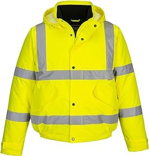 Portwest S463 Men's Waterproof Hi Vis Bomber Jacket - Winter Safety Jacket with Reflective Tape, Pockets and Hood Yellow, Medium