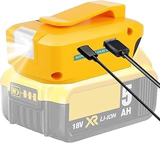 Battery Adapter for Dewalt 14.4V/18V/20V Lithium Ion Battery, TEPULAS Phone Charger Adapter with USB Type C & DC Port & LED Work Light, USB Power Supply Source for Dewalt DCB091