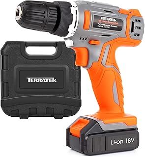 Terratek Cordless Drill Driver 18V Lithium-Ion, 13Pc Electric Screwdriver Set, LED Work Light, Electric Drill Quick Change Power Drill Battery with Charger & Carry Case Included