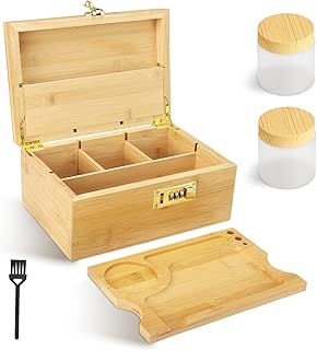 QCXWCJWD Large Bamboo Box with Combination Lock, 2 Jar & Brush Rolling Tray Set Storage Box, Wooden Storage Set with Lock for Storage Items Decorative box for Home Great Gifts (YELLOW)