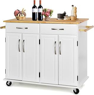Large Kitchen Island on Wheels, Rolling Kitchen Storage Trolley with 2 Cabinets, 2 Drawers, Adjustable Shelves, Rubber Wood Worktop & Side Handles, Dining Room Utility Serving Cart (Black)