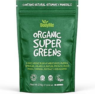 BodyMe Organic Vegan Greens Powder - Vegan Superfood Blend of Wheatgrass, Moringa, Spirulina, Ashwaganda and Other Organic Ingredients - Quick & Easy Nutrients, (30 Servings, 270g) | UK