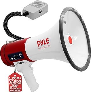 Pyle PMP57LIA Megaphone with Siren Bullhorn 50 Watt - Bullhorn Speaker with Detachable Microphone, Portable Lightweight Strap & 3.5mm Aux Input - Professional Outdoor Voice for Police & Cheerleading (PMP57LIA)