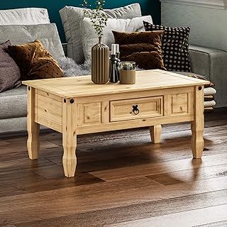 Amazon Basics Coffee Table with Drawer, Rectangular, Waxed Solid Pine Wood, Traditional, Rustic, 56 x 94 x 45